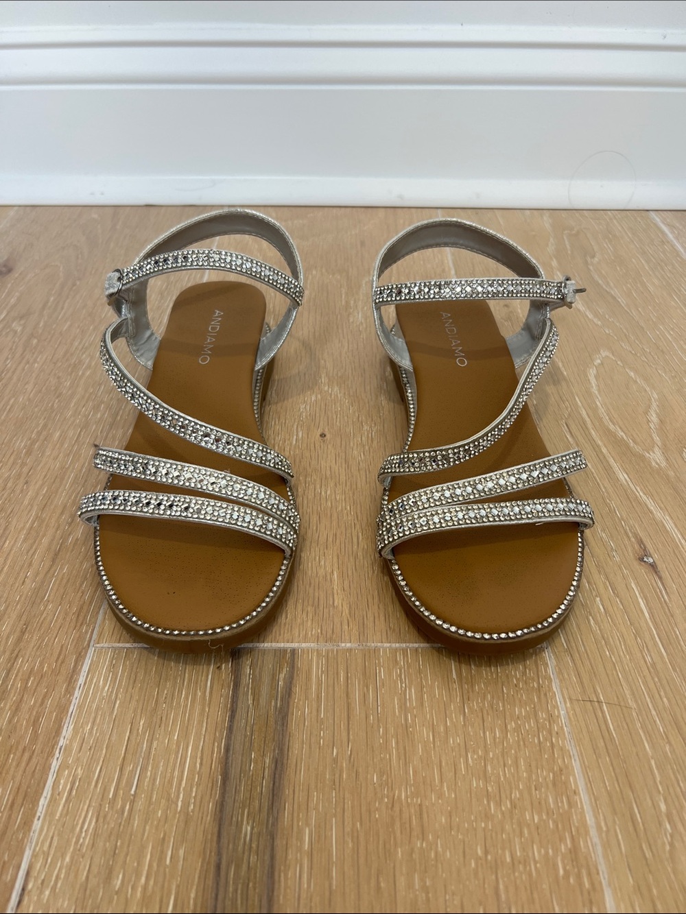 Andiamo Silver Rhinestone Strappy Flat Sandals